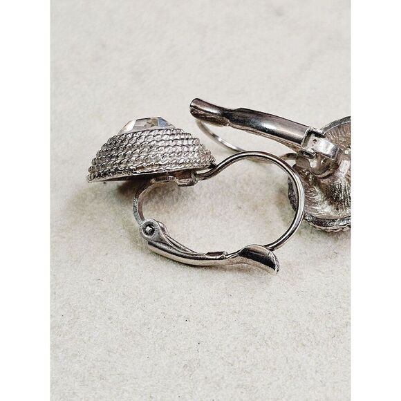 Vintage Silver-Tone Lever Back Rope  Earrings With Clear Crystal Center - Picture 6 of 6
